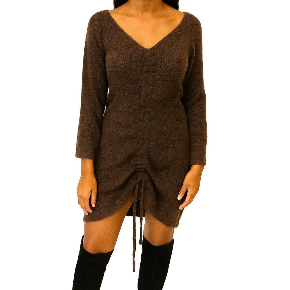 Womens Fuzzy Knit Brown Sweater Dress Ruched Party Fall V-Neck Casual Cozy Sz M